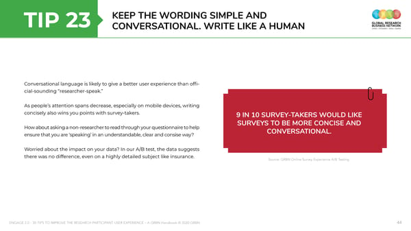 ENGAGE 2 0 - 30 tips to improve the research participant user experience - A GRBN Handbook 2020 04 - ol - Page 44